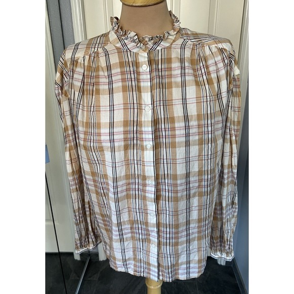 GAP Tops - Gap Womens Plaid Button Up Shirt Size Medium Ruffle Neck Neutral Country Western